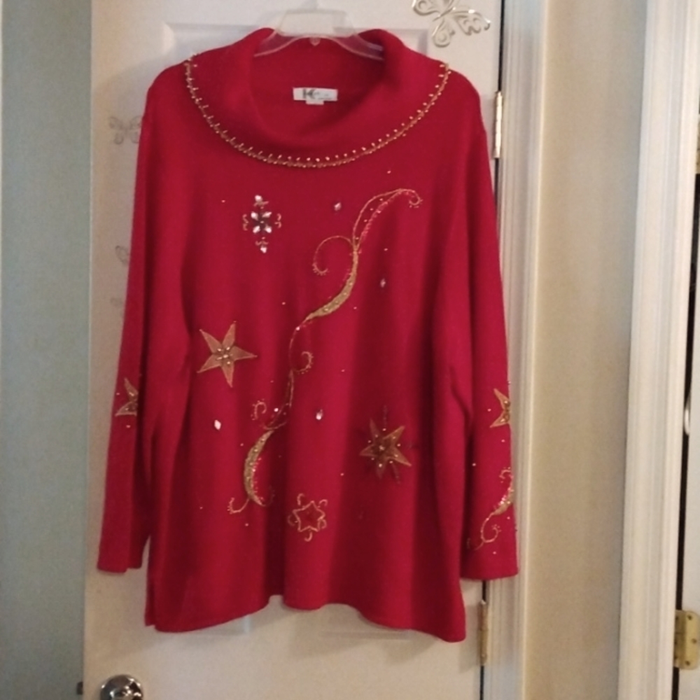 K.I.K.I.T Womens Christmas Tunic Sweater-Red w/Embroidery/Sequin/Bling-Sz 3X